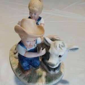 Homco Porcelain Figurine with Children and Calf in Blue and Tan